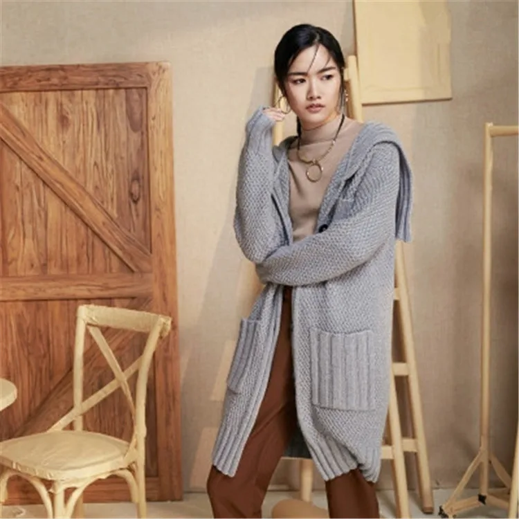  100%hand made pure wool crew neck thick knit women solid single breasted H-straight long cardigan s