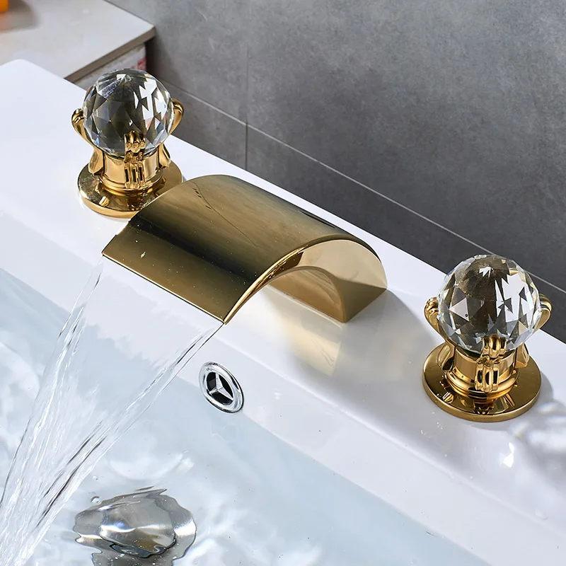 Хром 3 шт. водопроводный кран Носик никель Смесители для ванной комнаты на бортике двойная ручка три отверстия смеситель кран Хрустальная ручка - Цвет: Gold