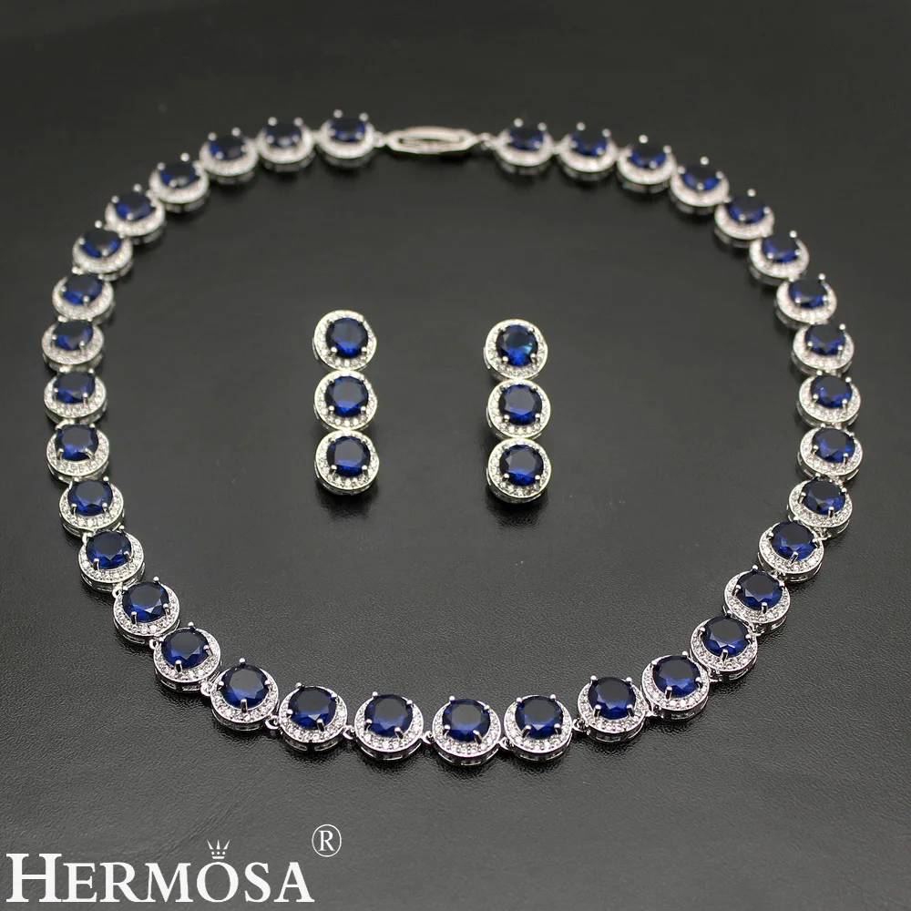 

2018 Round Shape Women Jewelry Sets Natural Blue Sapphire925 Sterling Silver Necklace Bracelet Earring