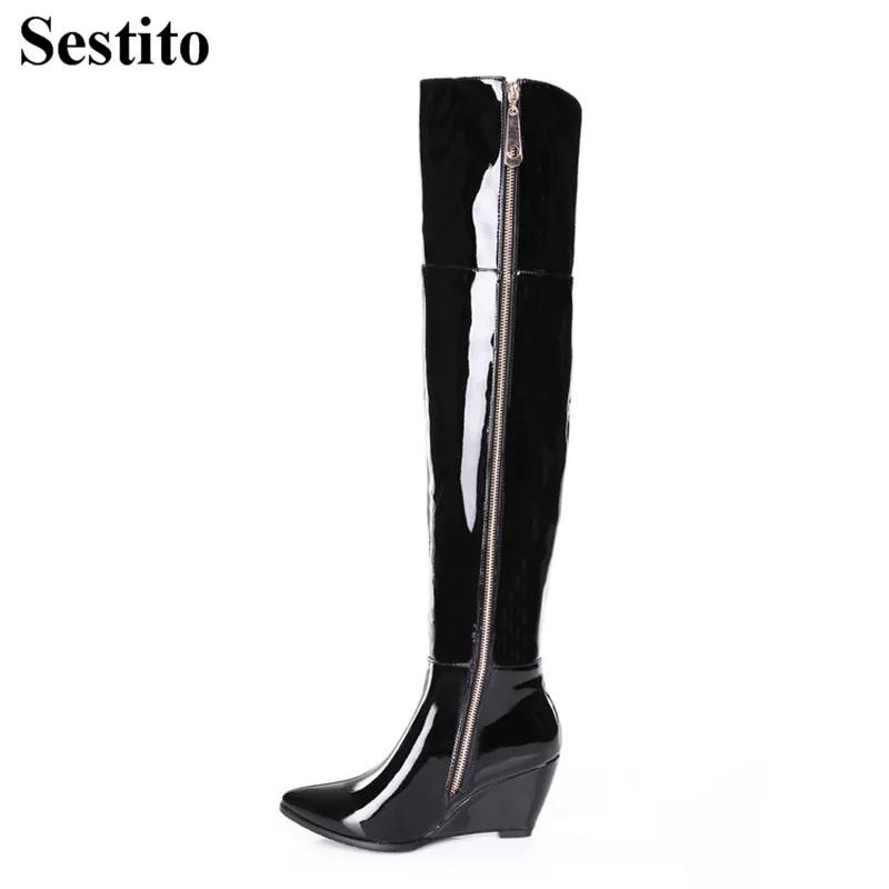 

Fashion Black Plus velvet Winter Boots Woman Over-the-Knee Boots Women Pointed Toe Wedges Zip Keep Warm Long Boots Women Shoes