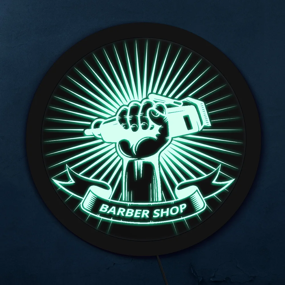 Парикмахерский магазин, светодиодный логотип, подвесной деловой знак, парикмахерские машинки для стрижки волос, рука кулак, декоративный неоновый свет, знак для ухода, парикмахерские подарки