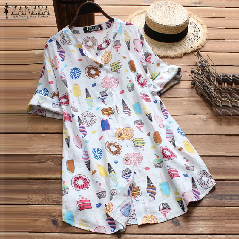 

ZANZEA 2019 Fashion Button Down Shirt Women Cotton Top Lady Printed Blouse Female O Neck Pockets Work Blusa Feminina Oversized
