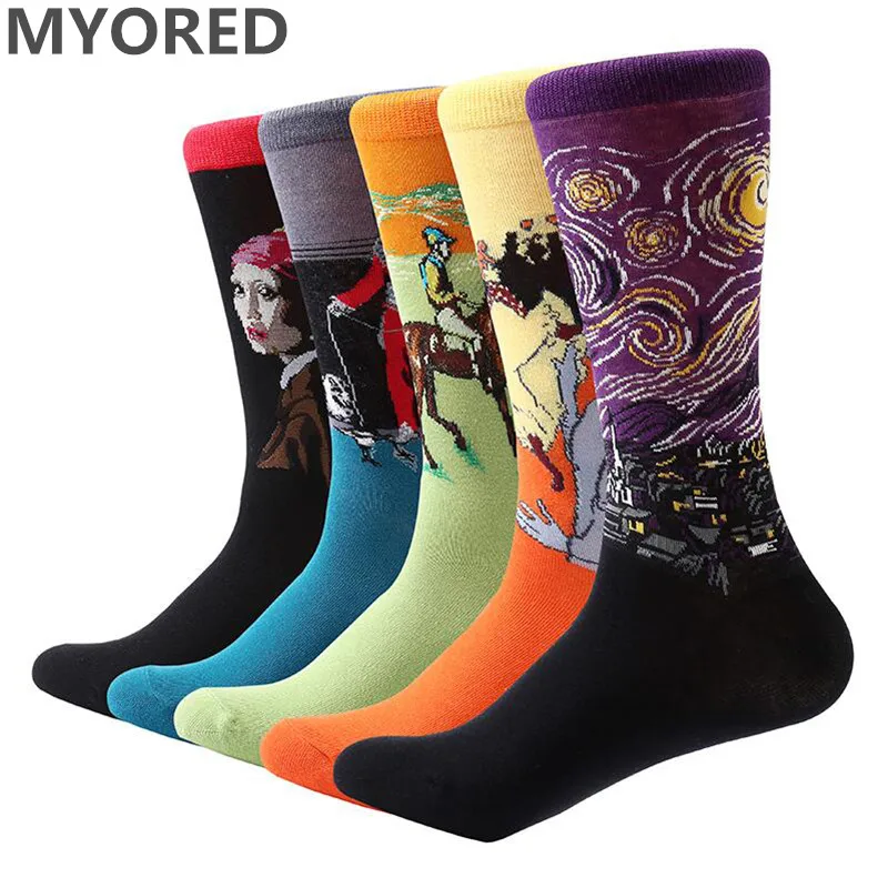 MYORED 5 pair/lot men funny socks cotton oil painting retro crew socks