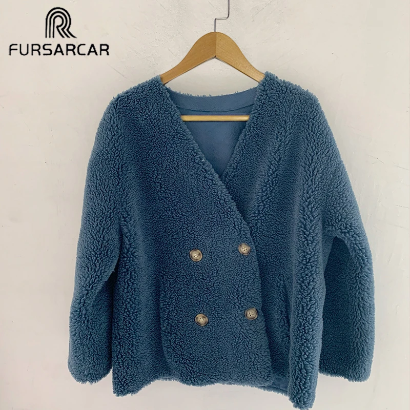 

FURSARCAR Blue Wool Blends Overcoats Long Coats Fleece Jackets Winter Warm Teddy Coat Cardigan Office Lady Sexy Women Plus Size