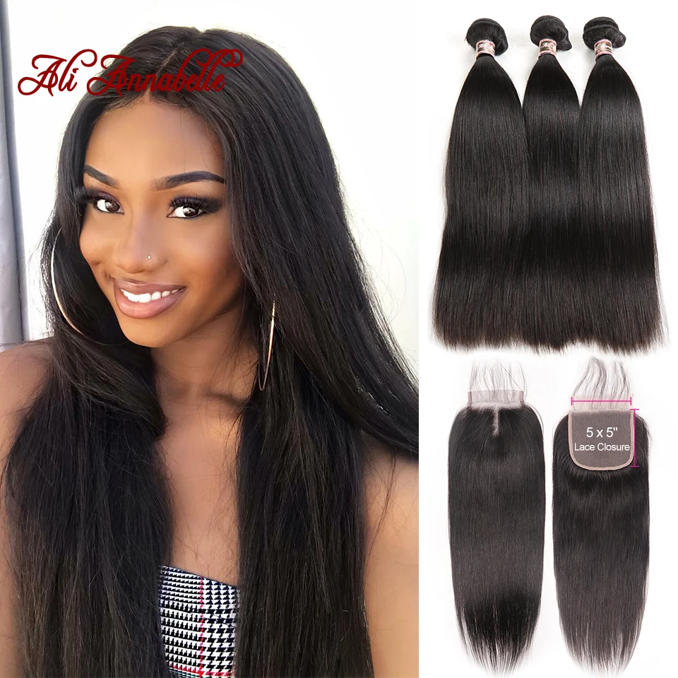 Peruvian Human Hair Weave Bundles With 5x5 Closure Remy Human Hair Bundles With Closure Straight Human Hair Bundles With Closure