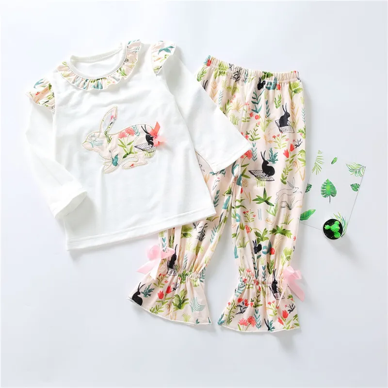 

Spring Baby Girls Clothes Ruffle Shirt+Ruffle Leggings Pants Children 2 piece set Easter Bunny Pattern Outfits Baby Girl Clothes