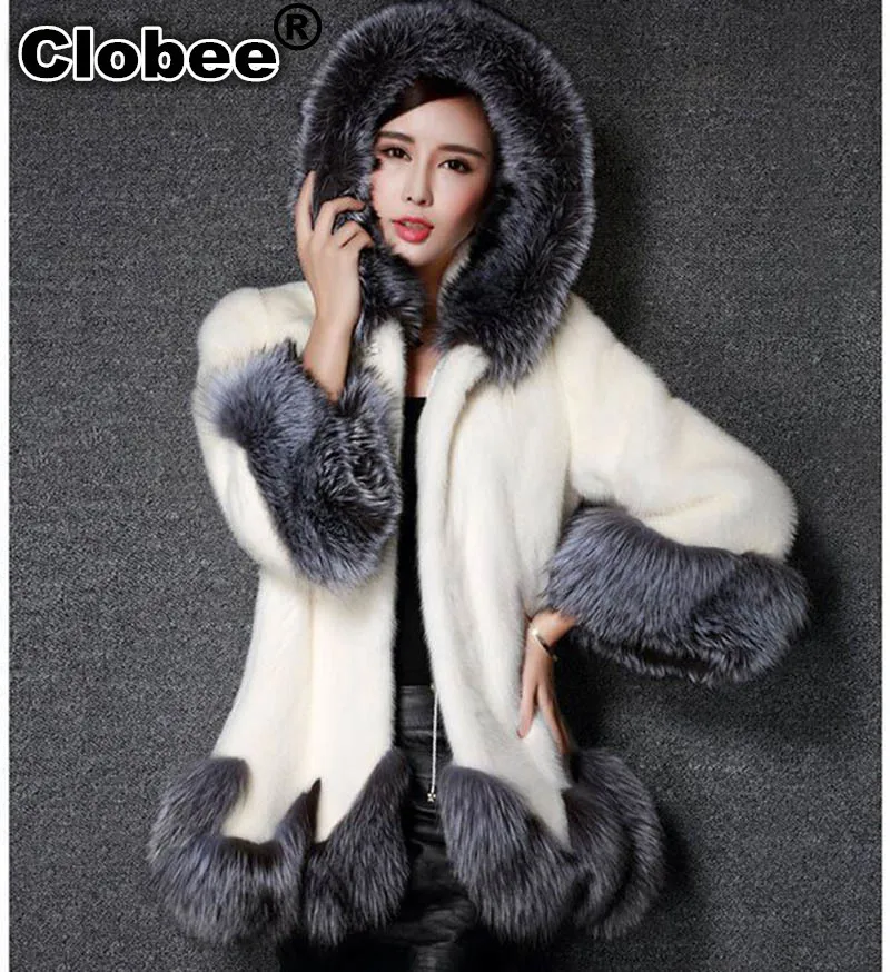 Fur Coat Faux Rabbit Fur Mink Hooded Coat for Women Medium Legnth