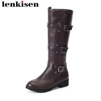 

Lenkisen metal buckles decoration round toe low heels solid pu zipper platform handsome girls vintage women knee-high boots L8f1