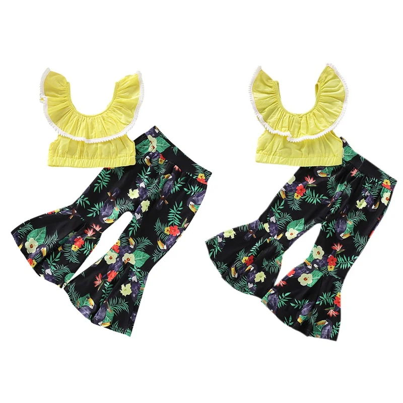

2Pcs/Set Summer Baby Girls Casual Off-shoulder Flare Sleeve T-shirt Tops+Floral Pants Suits Costume Set