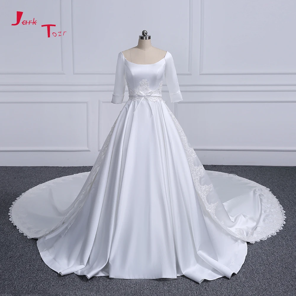 

Jark Tozr Simple Vestido Branco Three Quarter Sleeve White Satin A-line Wedding Dress 2019 Button Back Robe de Mariee Brautkleid