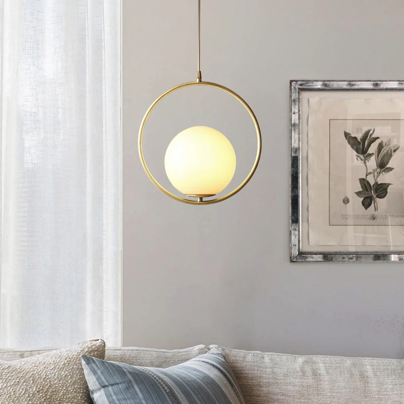 

American Copper Restaurant Bedroom LED Pendant Light Nordic Modern Bar Circular Glass Ball Home Deco Hanging Lamp Fixtures