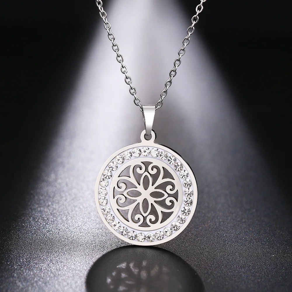 Cacana Stainless Steel Crystal Round Pendants Necklace Women Jewelry Hollow Trendy Necklaces Donot Fade Valentine's Day Gift (7)