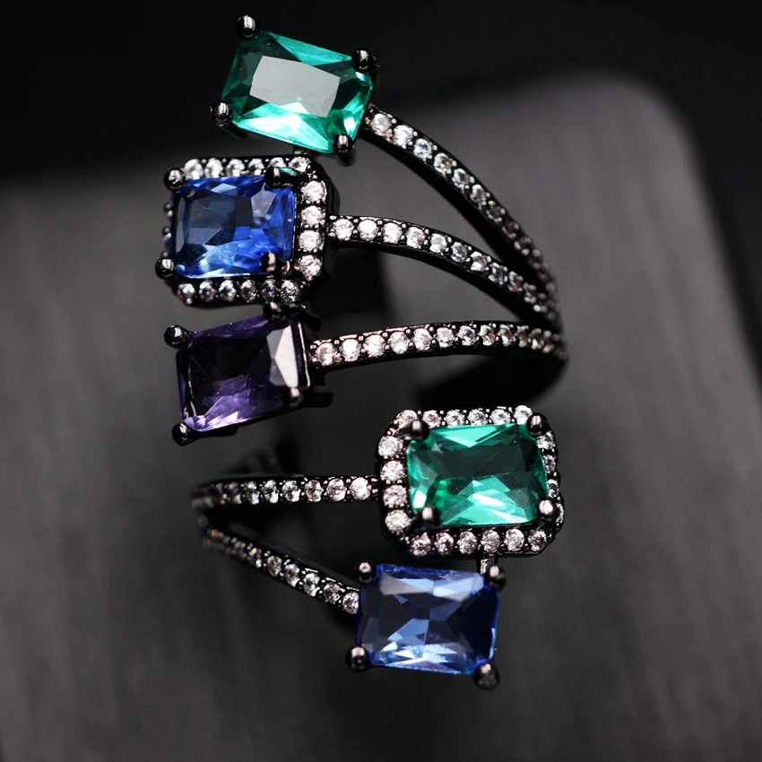 Многоцветное Кристальное кольцо на палец для женщин, винтажное красочное cz прямоугольное циркониевое геометрическое Открытое кольцо с камнем цвета шампанского, Золотое ювелирное изделие