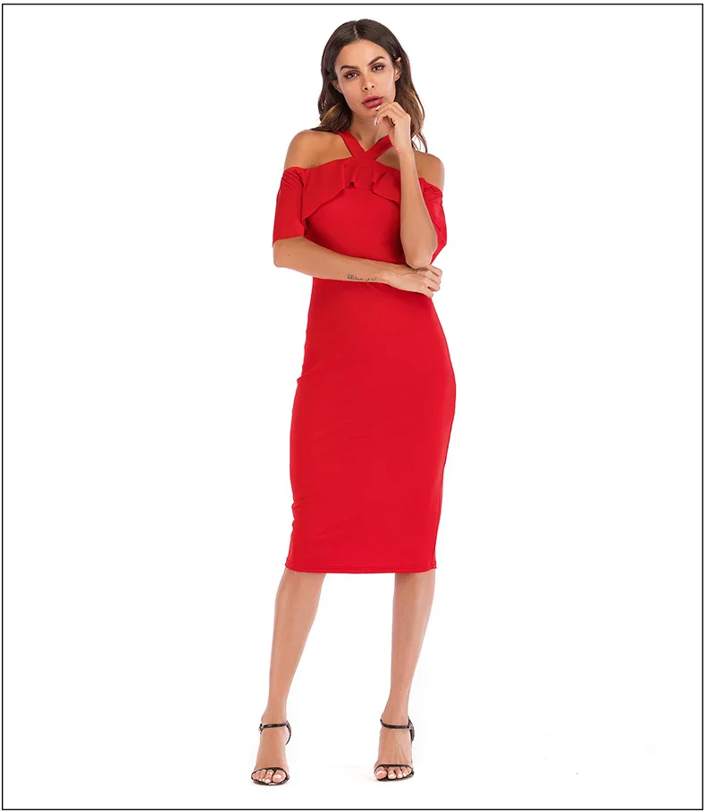 Осенне-летнее женское платье, сексуальное повседневное красное платье с рюшами, вечернее платье с бретельками, женское винтажное Формальное облегающее платье-карандаш, Vestidos