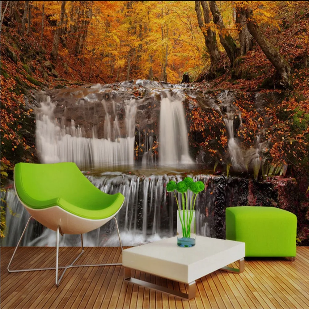 

Free Shipping Custom 3d Mural Beautiful Golden Autumn Water Falls TV Background Wallpaper Botanical Wallpaper for Living Room
