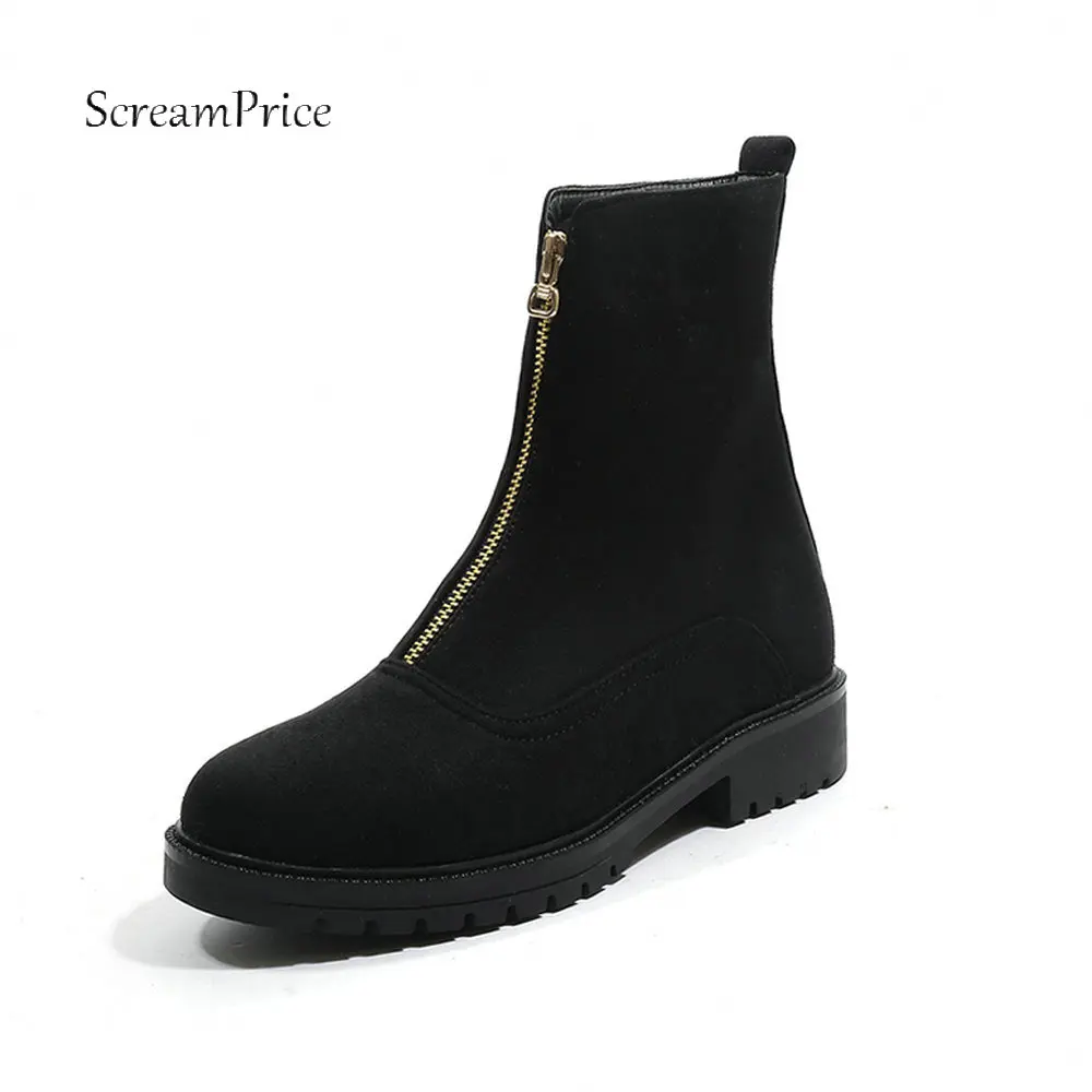 

Fashion Front Zipper Flat Heel Boots Women Flock Leather Comfortable Ankle Boots Round Toe Autumn Winter Female Shoes 2018 New