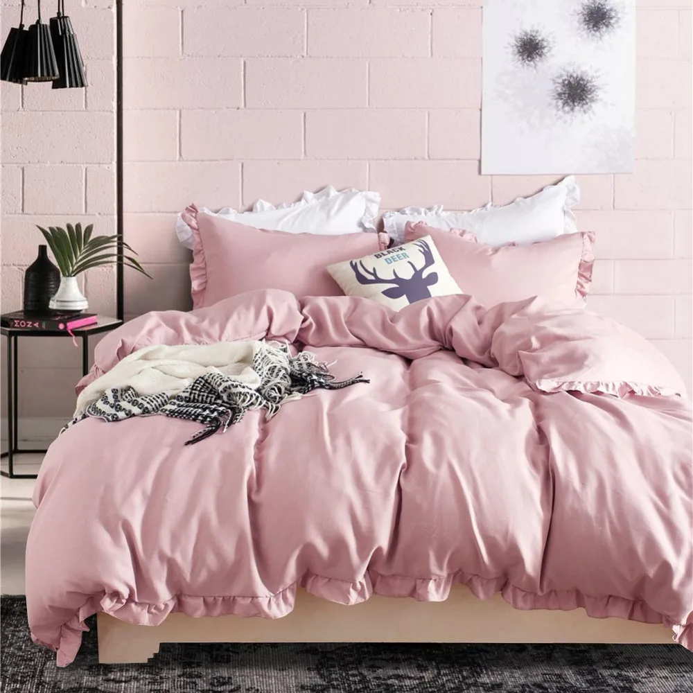 

Modern Flouncing Bedding Sets Solid Color Duvet Cover Set with Ruffles Pillowcase Quilt Cover US Size Twin/Queen/King 10 Colors