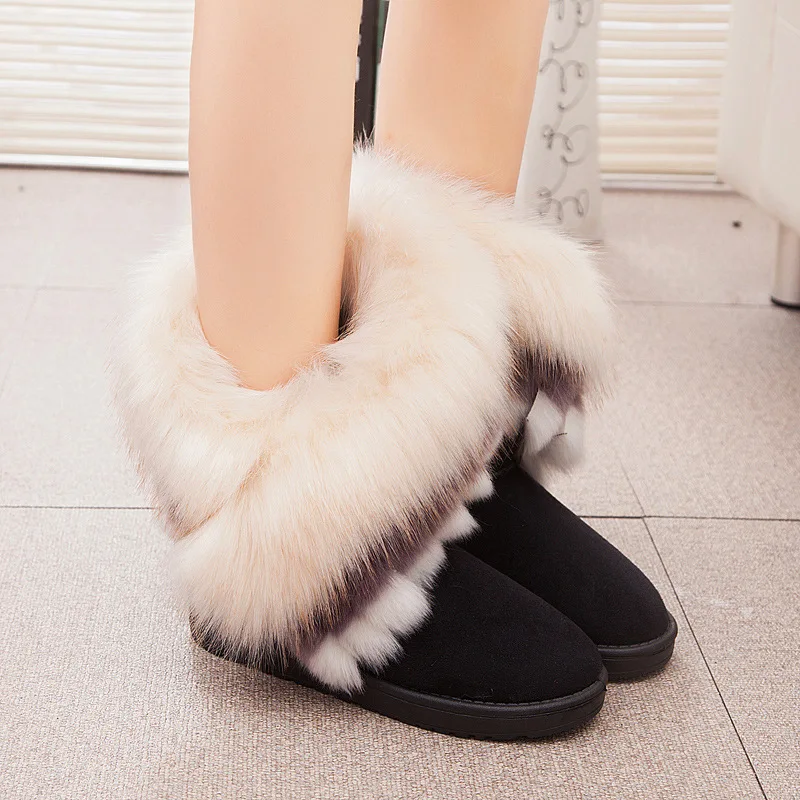 

2017 Winter large fox fur rabbit hair wonan snow boots female snow boots junior high school Big Girls warm cotton shoes 36-40