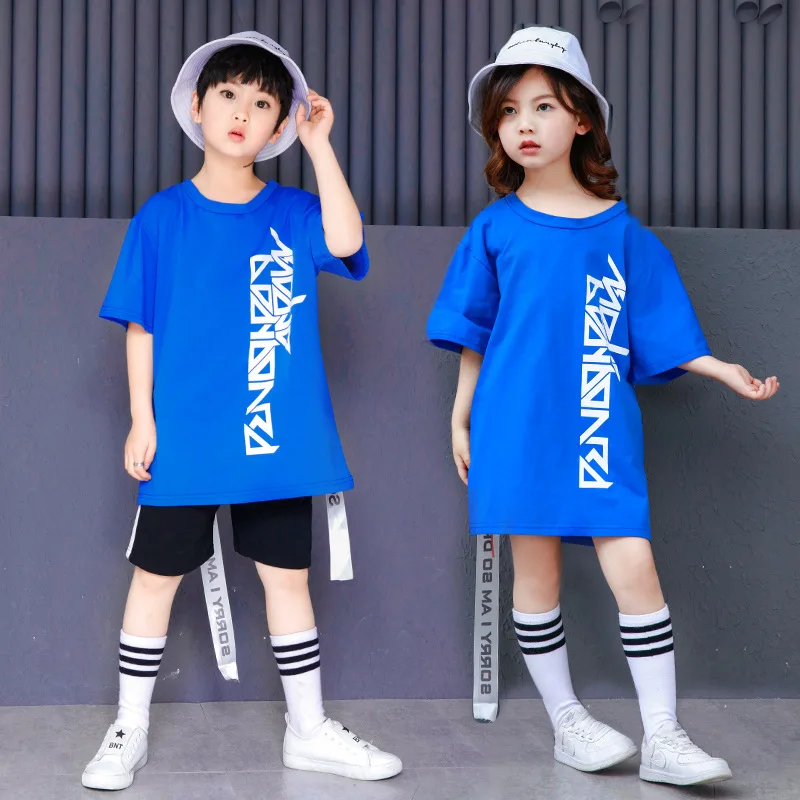 

Fashion Boys Girls Blue Shirt for Hip Hop Rock Kids Jazz Dance Clothing Ballroom Costumes Children Dancewear Loose Short Pant