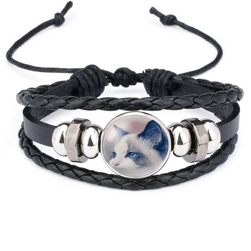 Harajuku Style Cat Jewelry with Glass Cabochon Cheshire Cat Pattern Bracelet Genuine Leather Multilayer Beaded Bracelet Bangle