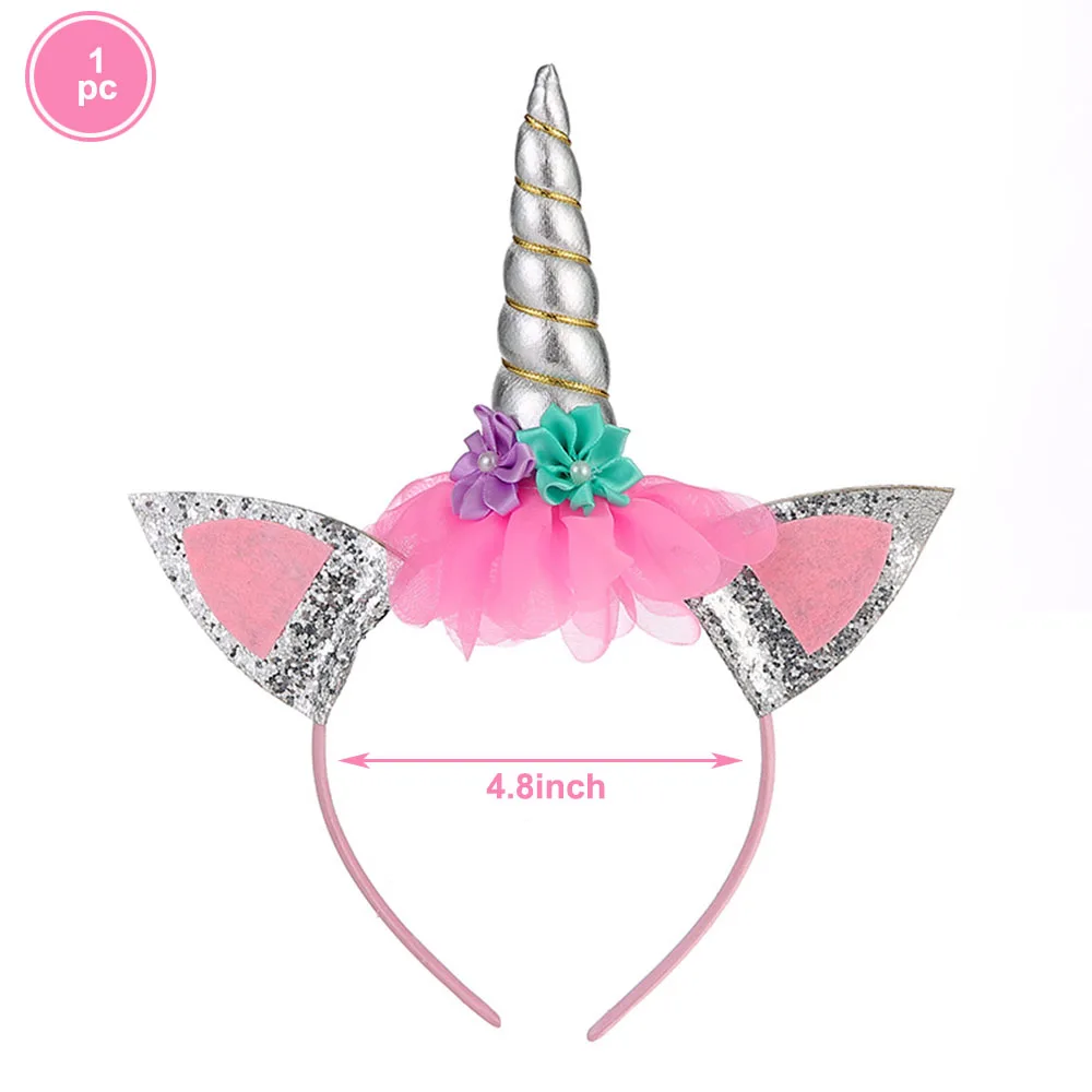 Набор принадлежностей для дня рождения с единорогом, Золотая повязка на голову с единорогом для девочек, Розовая атласная лента, латексные шарики для дня рождения - Цвет: 1pc headband silver