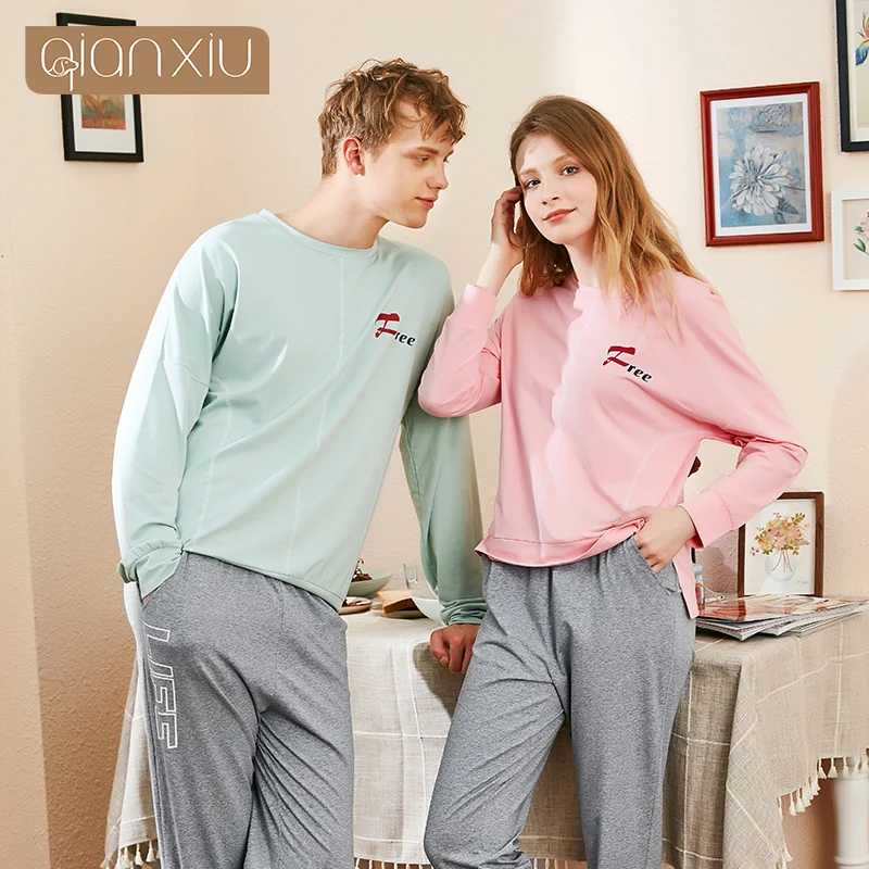

2019 autumn new couple men's cotton long-sleeved trousers pajamas round neck home service can wear simple natural home service s