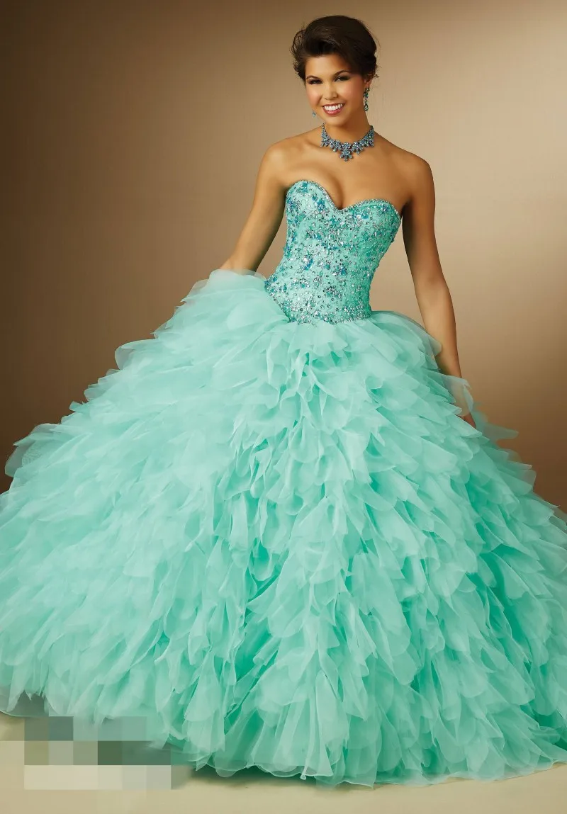 2015 Fashion Mint Green Quinceanera Dresses With Jacket Ruffles Beading
