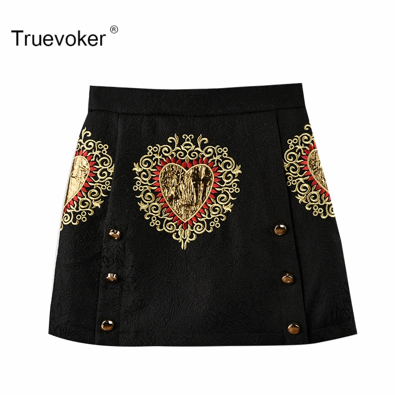 

Truevoker Summer Designer Skirt Women's High Quality Noble Gold Thread Embroidery Buttons Black Embossed Skirt