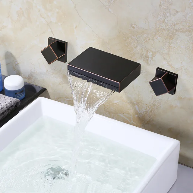 Best Price Black Wall Mounted 3 Holes Bathroom Waterfall Faucet Brass Hot and Cold Water Tap Kitchen Faucet Square Electroplate Best Price Black Wall Mounted 3 Holes Bathroom Waterfall Faucet Brass Hot and Cold Water Tap Kitchen Faucet Square Electroplate