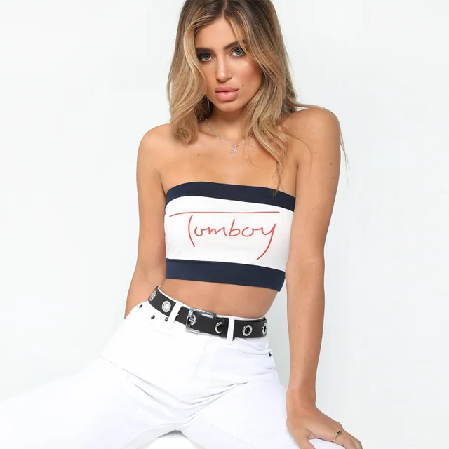 Sexy Letter Printed Strapless Cropped Tank Top Tumblr Fashion 2018 