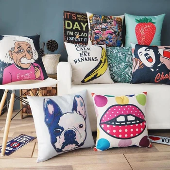 

Nordic Thick Linen Cushion Cover Pop Cartoon People Fruit pattern 3101 Pillow Case Sofa Chair Waist Pillow cover Home Decorative