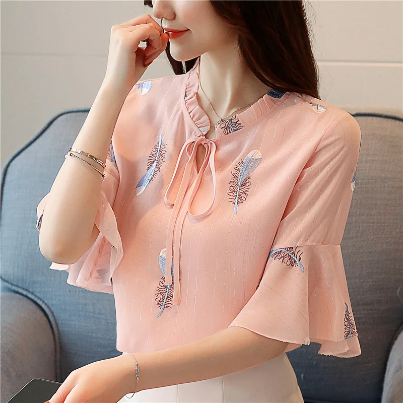 

New Style Leisure Korean Type Summer Women Flare Sleeve Sweet Chiffon Shirts Blouses