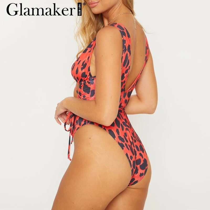 Glamaker Leopard print one-piece suits bodysuit Bandage sexy Push up bodysuit summer Women string high cut bathing suit bodysuit