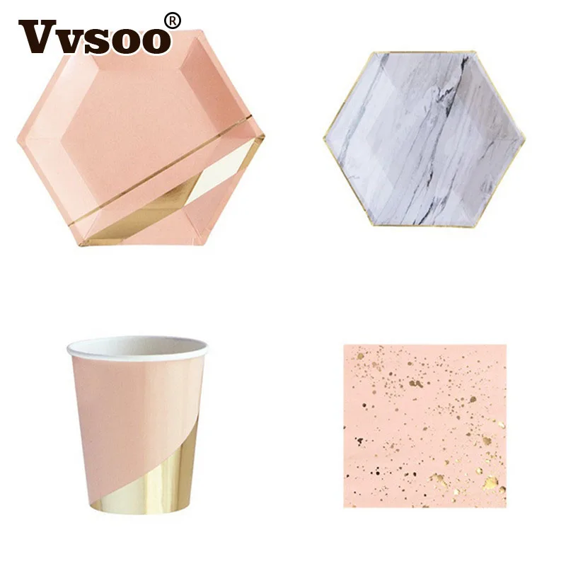 

Vvsoo Marble&Gold Foil Hexagon Party Paper Plates Paper Cups Confetti Party Napkins Dinner Dessert Tableware Wedding Baby Shower