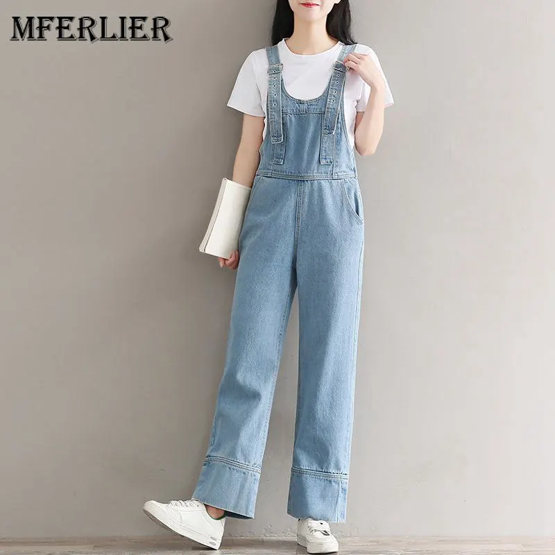 

Mferlier Female Autumn High Waist Jeans Bleached Vintage Adjustable Strap Overalls Zipper Pocket Women's jeans