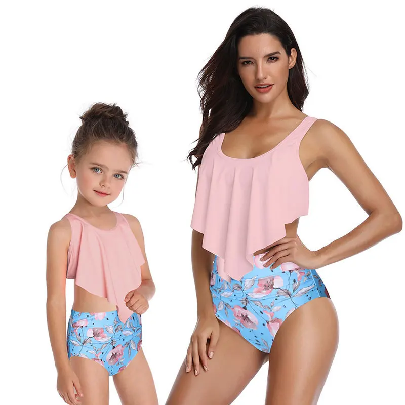 

Family Matching Outfits Mom and Daughter Swimwear High Waist Swimsuit Mommy and Me Clothes Bikini Swimsuit Flower Family Dresses