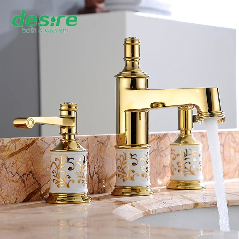 American style golden faucets All copper faucet Three holes basin