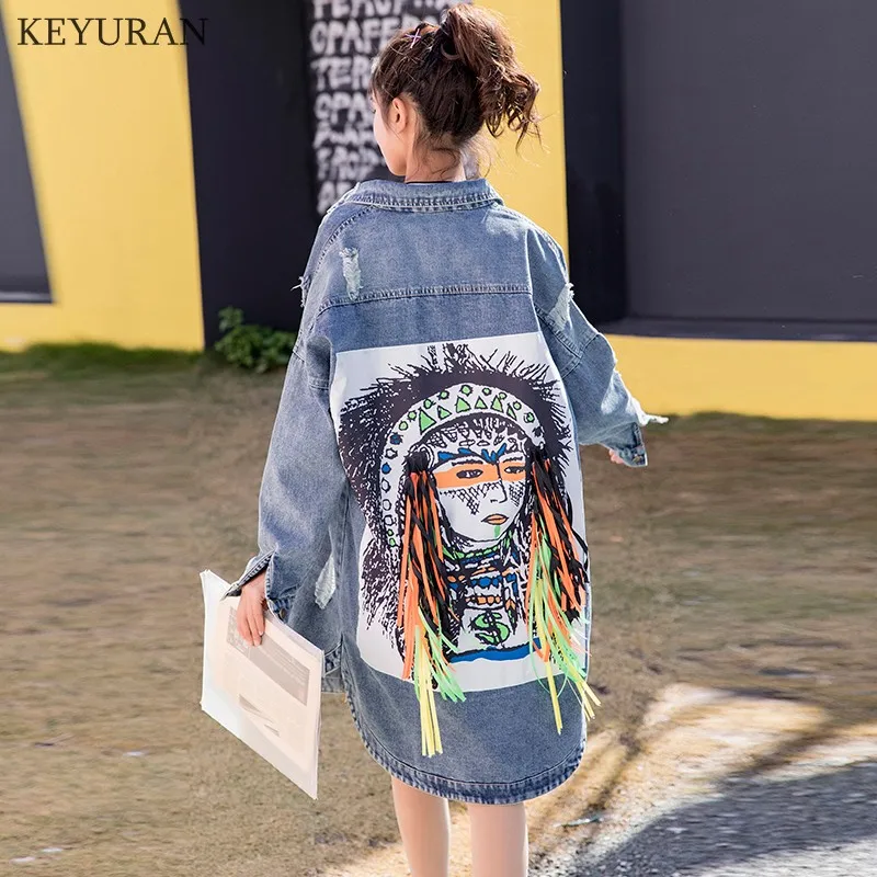 

Bleach Wash Streetwear Denim Jacket Coat Punk Style Women Patch Back Print Jean Jacket Spring Autumn Blue Button Loose Outerwear