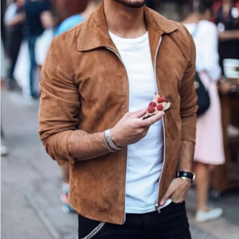 

Oeak Fashion New Faux Suede Leather Jacket Men Casual Loose Solid Color Spring Jackets Men Plus Size S-3XL Leather Coat Men