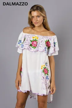 

2019 Newest Summer Design Harajuku Women Flower Embroidery Loose Dress Womans Short Sleeve Off the Shoulder Boho Plus Size Dress