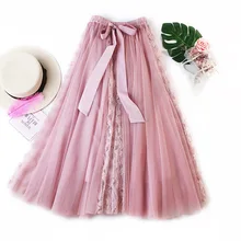 Elegant Lace Tulle Long Skirts Women 2019 High Waist Pleated Maxi Skirt Female With Bow School Skirt Black Pink Blue Elegant Lace Tulle Long Skirts Women 2019 High Waist Pleated Maxi Skirt Female With Bow School Skirt Black Pink Blue