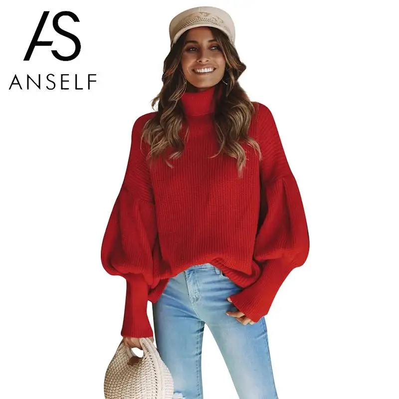 

2019 Autumn Winter Pullovers Women Knitted Tops Turtleneck Sweater Lantern Sleeve Solid Loose Pullover Knitwear Top female tunic