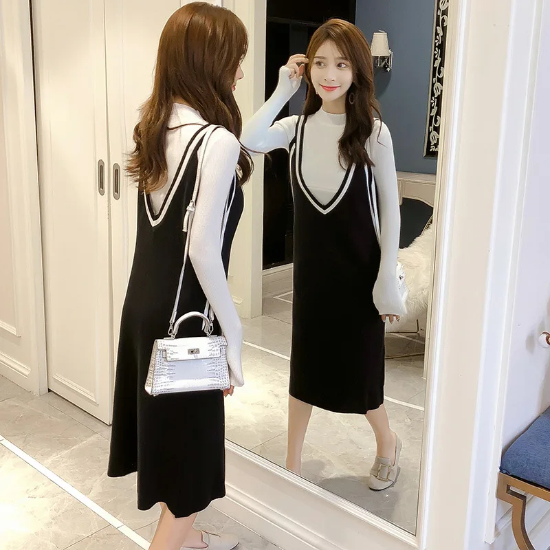 

2018 Autumn Pregnant women's suspender dress + bottoming shirt maternity dress