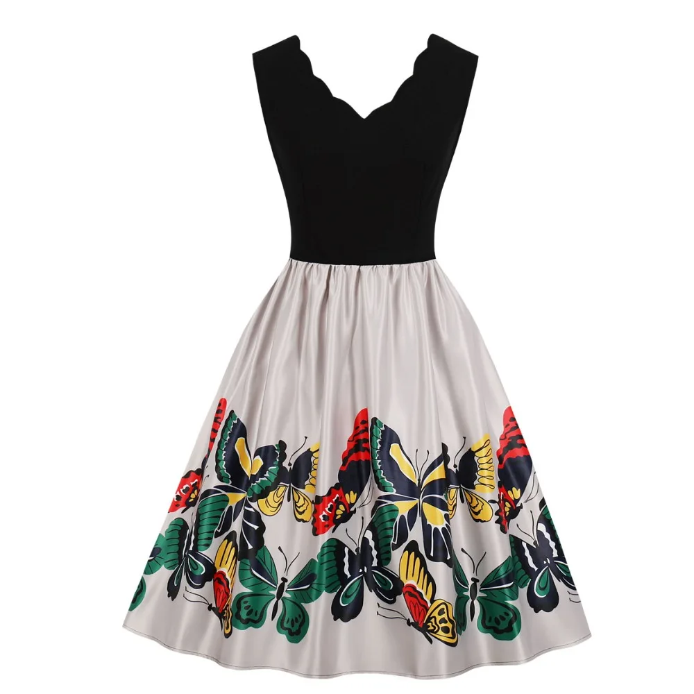 

Women Elegant Plunge V Neck and V Back Scalloped Sundress Spring Summer Butterfly Print Sleeveless Casual Vintage Dress White