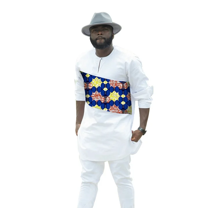 Модные Для мужчин Африканский Костюмы лоскутное комплект со штанами и футболкой Африка Стиль белый хлопок Принт Мужская футболка с