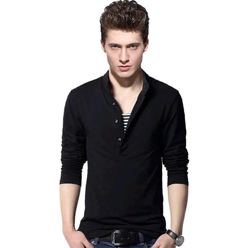 

BROWON Korean Style Brand Autumn Men Casual T-shirt Men Long Sleeve Henry Color Cotton Slim Fit Men's Tops Tee Plus Size 5XL