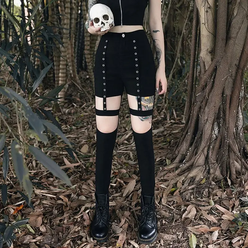 

Casual Punk Sexy Club Gothic Black Chic Women Pencil Pants Summer Slim Thin Hollow Summer Streetwear Female Goth Pants 2019