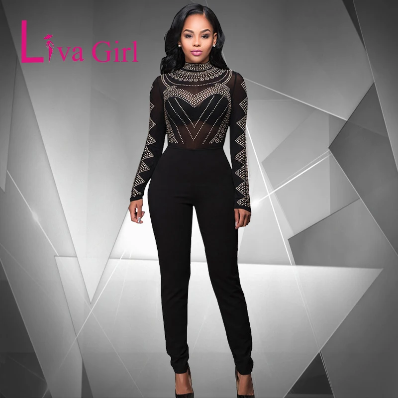 Liva Girl Women Black Full Length Jumpsuit Top Rhinestone