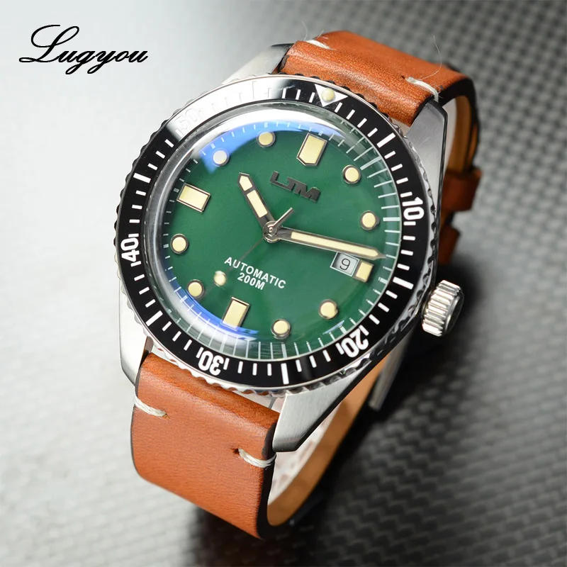Lugyou San Martin Sea Master Diver Мужские часы Автоматические из нержавеющей стали сапфировое стекло 20 бар водонепроницаемый кожаный ремешок Дата - Цвет: Green SW200