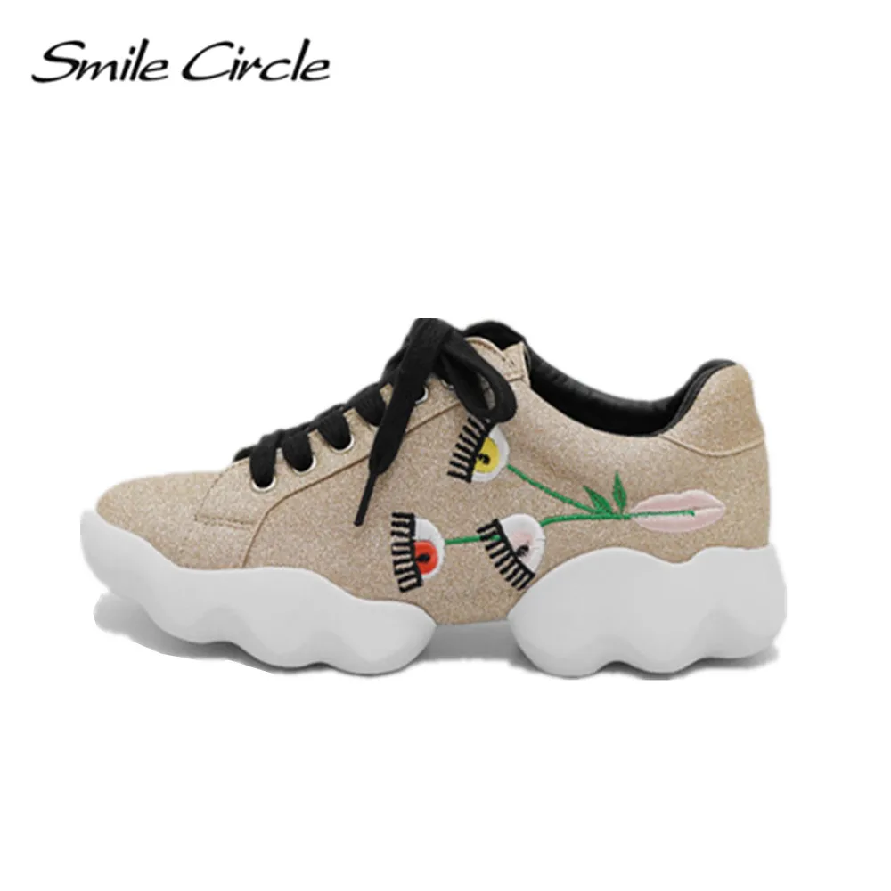 

Smile Circle 2017 Spring Autumn Sneakers Women Flat Shoes Fashion Embroidery Shoes Designer Eyes Lace-up platform Shoes